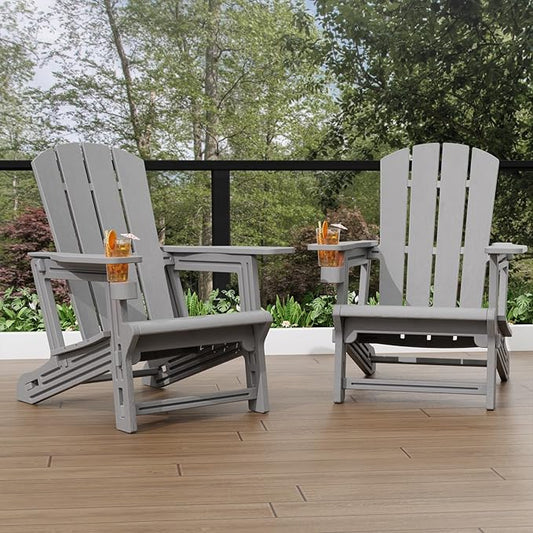 Adirondack Chair Set of 2, HDPE Weather Plastic Adirondack Chairs, Fire Pit Chairs with Cup Holder, Outdoor Lawn Chair for Patio, Garden, Backyard, Grey