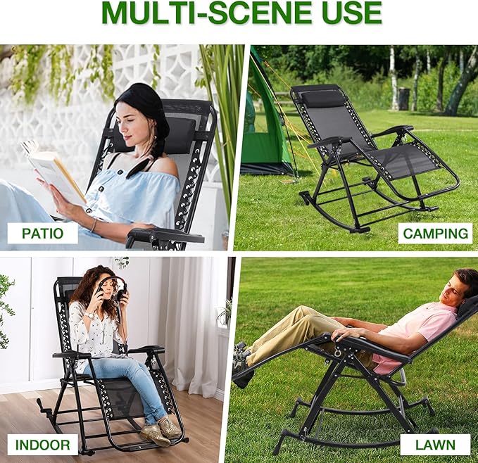FLOGUOR Outdoor Rocking Chairs,Foldable Reclining Zero Gravity Lounge Rocker with Pillow,Footrest, for Camping Patio Garden, Supports 330 LBS (Black1)