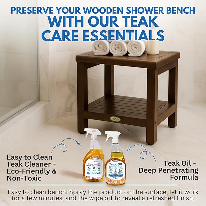 DecoTeak Eleganto 18 Inch Brown Waterproof Teak Wood Shower Bench Stool Seat Chair for Inside Shower Provides Safety, Storage, and Organization Storage Shelf for Bathroom Accessories