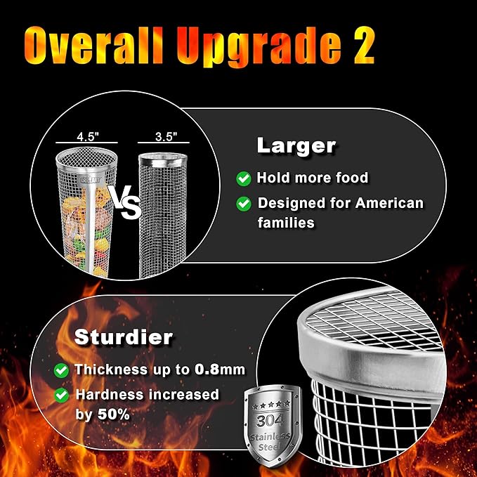 [Upgraded] Grilling Basket (Size XXL), Dishwasher Safe Round Grill Basket for Veggies, Stainless Steel Rolling Grilling Baskets for Outdoor Grilling, Heavy Duty, Easy to Store, Gifts for Men/Dad