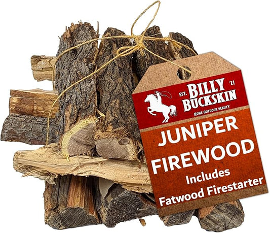 Billy Buckskin 18 LB Juniper Firewood Bundle – Aromatic & Seasoned Wood Logs with Fatwood Starter Sticks for Fire Pit, Campfire, Fireplace, Wood Stoves and Outdoor Grilling