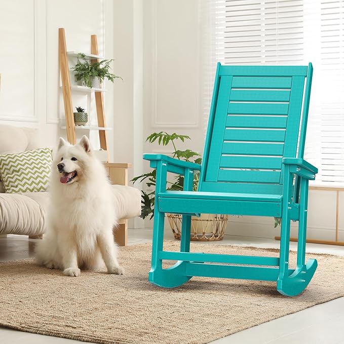 GREENVINES Outdoor Rocking Chairs | Porch Rocker | HDPE Plastic | Aqua | Oversized Rockers | High Back | Big & Tall | Ladder Back | for Patio Outside Backyard Balcony Garden