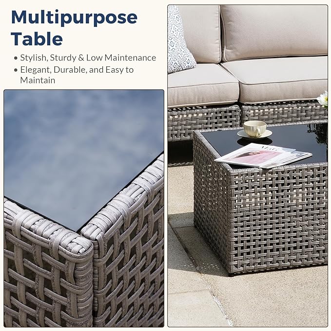 3-Piece Outdoor Modular Patio Set with 2 Armless Rattan Chairs and Glass Table, Gray PE Wicker Sectional Seating with Cushions for Balcony, Garden, Deck, Porch