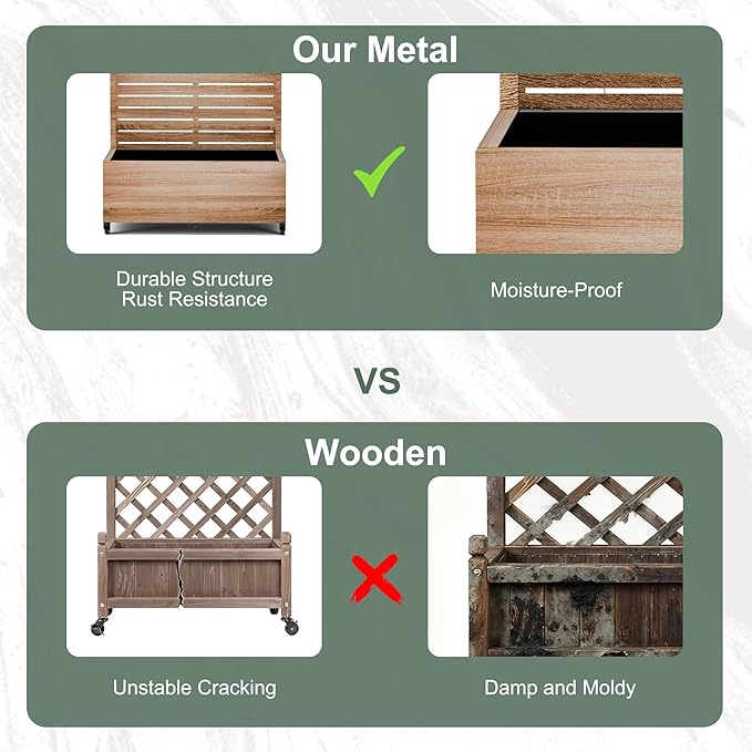 Metal Planter Box with Trellis Privacy Screen, Outdoor Raised Garden Beds with Wheels & Drainage Holes (35" L, Brown Oak Grain)
