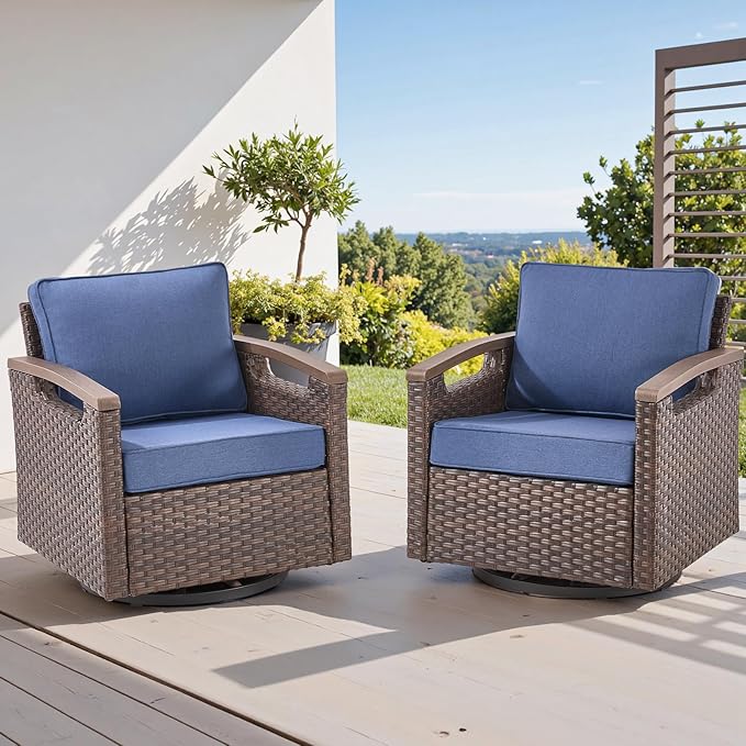 Rilyson Outdoor Patio Swivel Rocking Chairs Set of 2, All Weather Wicker, Metal Armrest, Deep Seating, Thick Comfortable Cushions, Ideal for Deck Porch Backyard, Brown/Blue