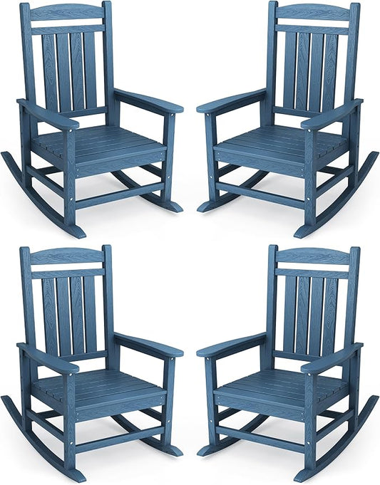 KINGYES Oversized Outdoor Rocking Chair Set of 4, High Density Polyethylene Patio Rocking Chairs with 330lbs Support for Adults, Navy