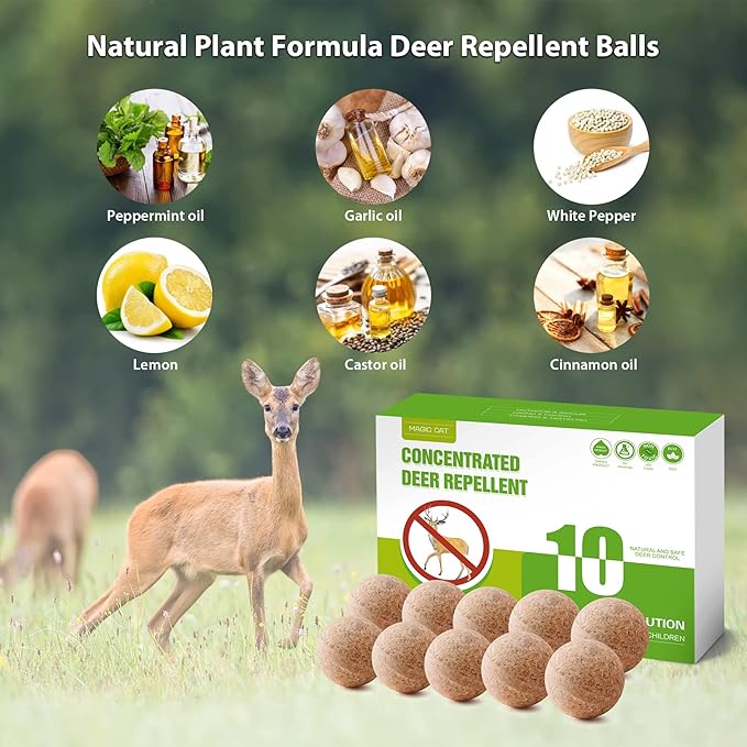 MAGIC CAT® Deer Repellent, Rabbit Repellent Outdoor Natural Peppermint Oil Deer Repellant for Plants Pet Family Safe, Deer Deterrent Balls Keep Rabbit Out of Lawn Garden Yard Shrub and Trees-10P