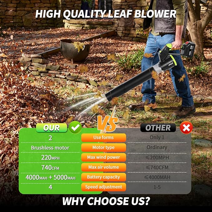 Leaf Blower Cordless, Electric Cordless Leaf Blower w/ 2 Batteries & Charger, 4 Wind Speed, 2 Handheld Modes, 4.0/5.0AH Battery, Lightweight Blowers for Patio Cleaning, Lawn Care, Yard, Garage