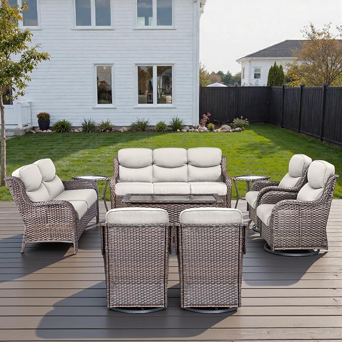 Outdoor Swivel Rocker Patio Chairs Set of 9 with 5" Thick Cushions ,9 Piece Furniture Set with Fire Pit Table All Weather Wicker Conversation Set for Porch Deck - Brown Wicker | Beige Cushions