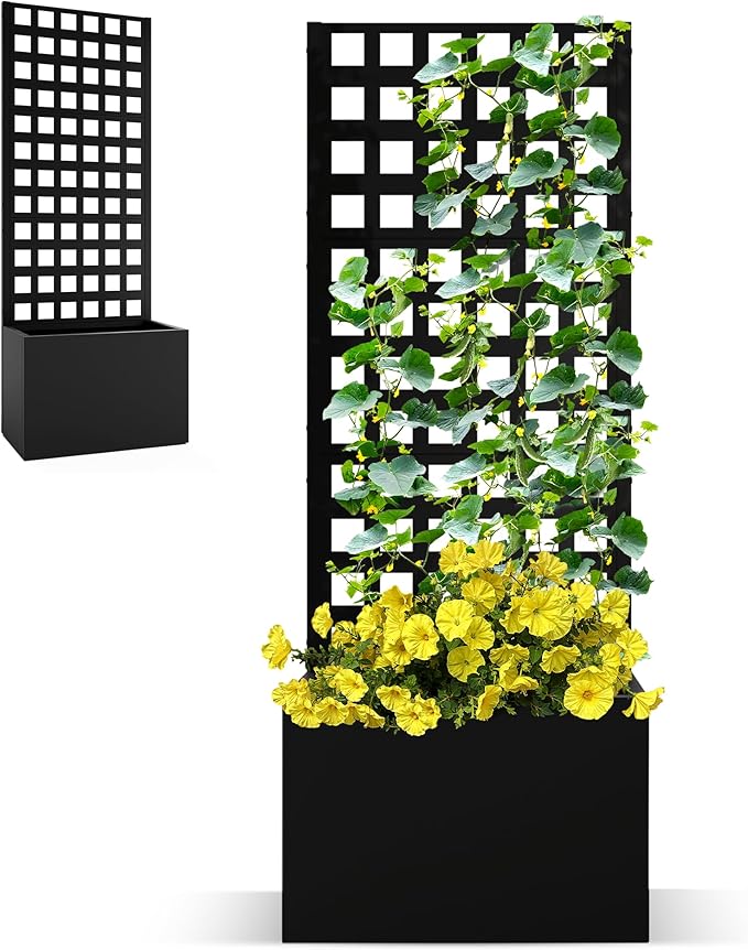 Metal Planter Box with Trellis, Privacy Planter for Patio, 24" L×12" W×63" H Raised Garden Bed withTrellis, Drainage Holes (Black Grid)