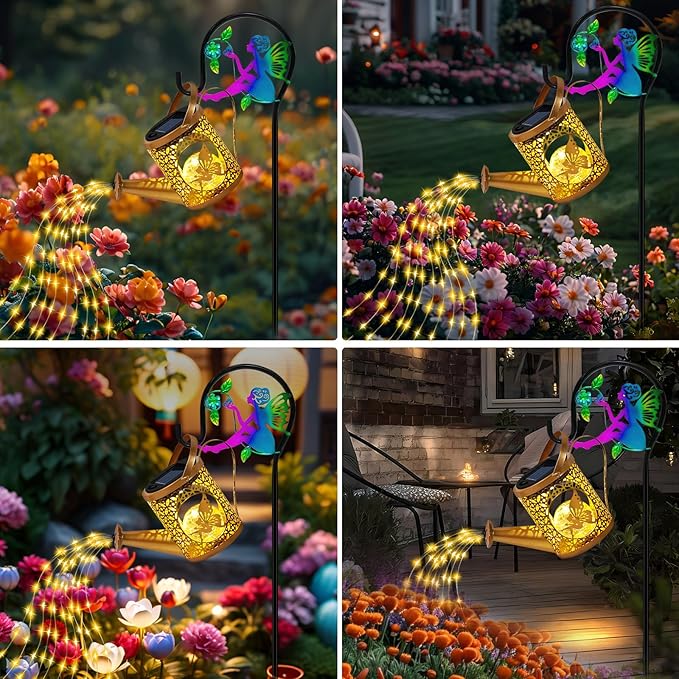 Solar Lights Garden Decorative, Solar Watering Can with Cascading Lights, Waterproof Metal Lantern with Fairy Shepherd Hook, Outdoor Decor for Yard, Patio, Gifts for Mother's Day, Christmas, Women