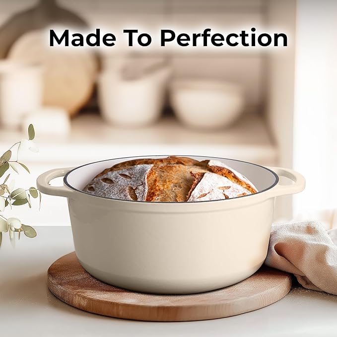 Zulay Kitchen 7.7 Quart Enameled Cast Iron Dutch Oven Pot with Lid – Premium Durability & Oven Safe up to 500°F – Heavy Duty Cookware Perfect for Bread Baking, Stews, Braising & Roasting – Ivory