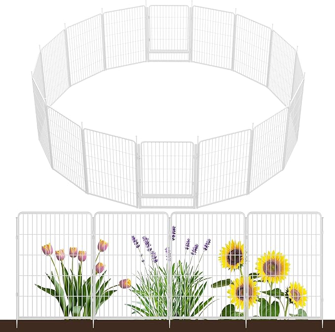 SunsGrove Tall Garden Fence with Gate, 40 in(H) x 35.7 ft(L) 16 Panels Heavy Duty Metal Animal Barrier Fence for Yard, Suitable for Indoor or Outdoor Dog Pet Fence, Garden Fence Border, White