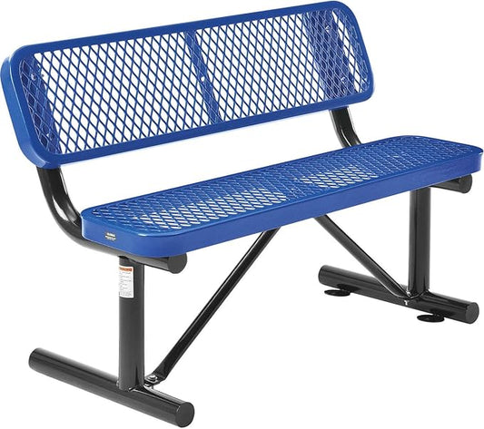 Global Industrial 4'L Heavy Duty Expanded Metal Mesh Bench with Backrest with Steel Frame, Portable Outdoor Bench, 1000 lbs Capacity, Blue, 48" L x 24" W x 33" H