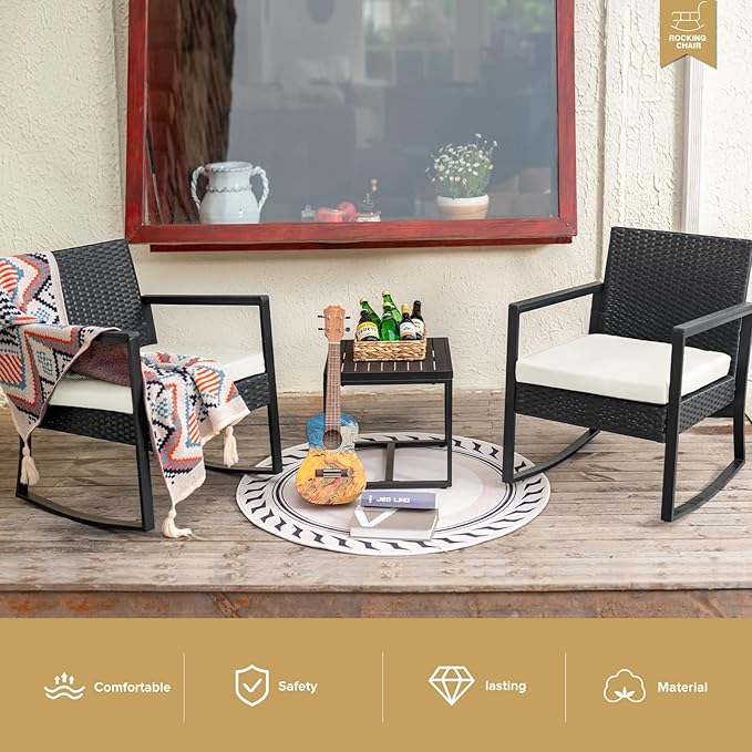 WWR 3 Pieces Outdoor Patio Furniture Set Rocking Wicker Rattan Chair Set Patio Bistro Conversation Set 3 Pcs with Coffee Table for Yard & Bistro (Sand)