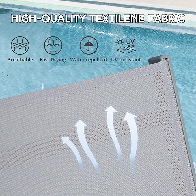 Domi Pool Lounge Chairs Set of 3, Adjustable Aluminum Outdoor Chaise Lounge with Wheels Patio Lounge Chairs with Side Table, All Weather for Deck Lawn Poolside Backyard-Gray Textilene