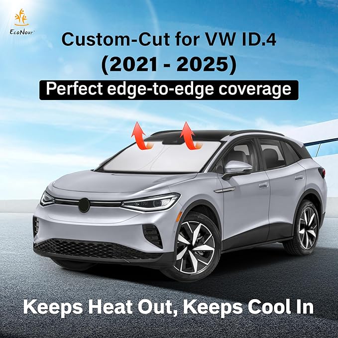 Econour Windshield Sun Shade for Volkswagen ID.4 Accessories 2018-2024 2025 VW ID.4 Cross Sport Sunshade Foldable Sun Visor Protector Blocks UV Rays Keep Your Car Cooler