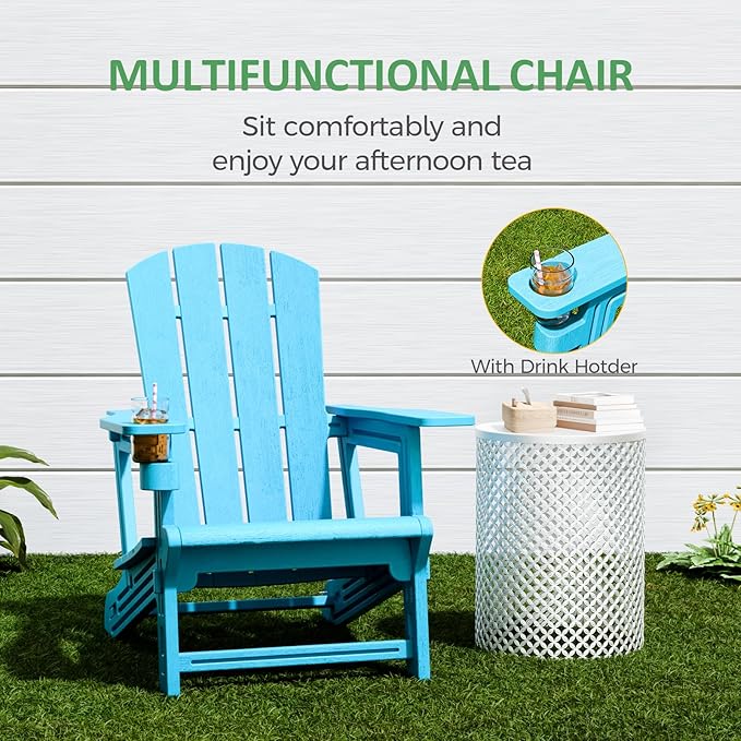 Adirondack Chair Set of 4, All Weather Plastic Adirondack Chairs, Fire Pit Chairs with Cup Holder, Outdoor Lawn Chair for Patio, Garden, Backyard, Sky Blue