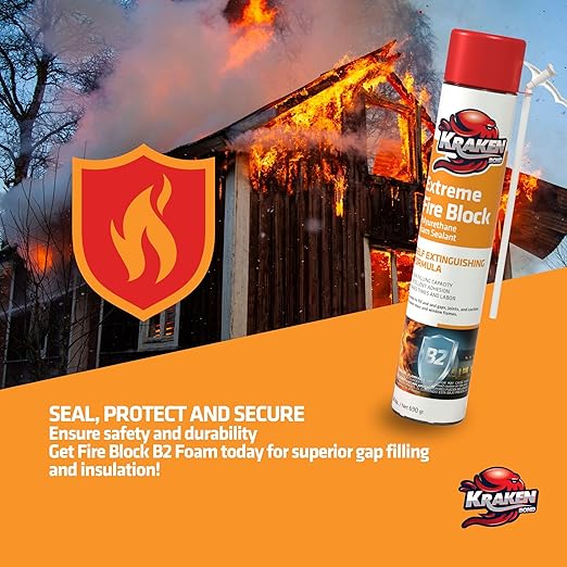 Kraken Bond Extreme Orange Fire Block Foam - (12x24oz) Fire Rated Polyurethane Spray for Gap Filling, Sealing on Windows, Walls, Joints & Pipes, Straw Use High Expansion Fire Proof Foam - 12 Pack
