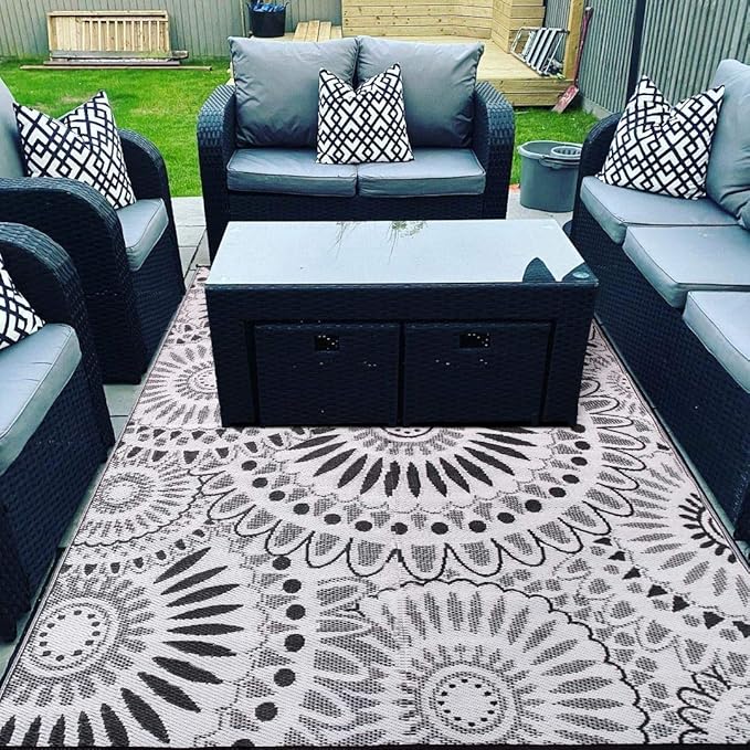 Reversible Outdoor/Indoor Plastic Straw Rugs Waterproof Portable Mat Easy to Clean Outdoor Patio Mat,Perfect for Garden, Patio, Picnic, Decking-（Grey,8x10Ft）