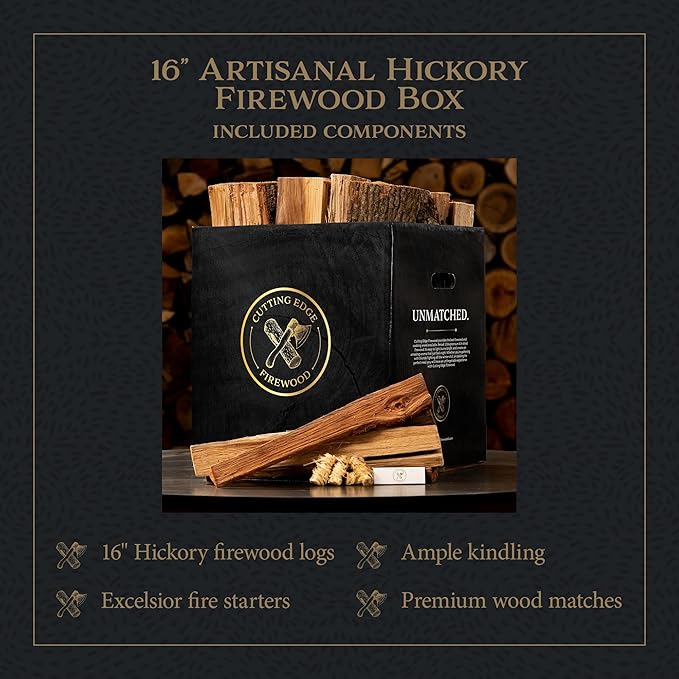 Cutting Edge Firewood - Artisanal Hickory Firewood Box | Premium Kiln-Dried Hardwood | Hot, Long-Lasting Burn with Rich Aroma | Low-Smoke Firewood for Indoor & Outdoor Use Ultra-Clean Logs