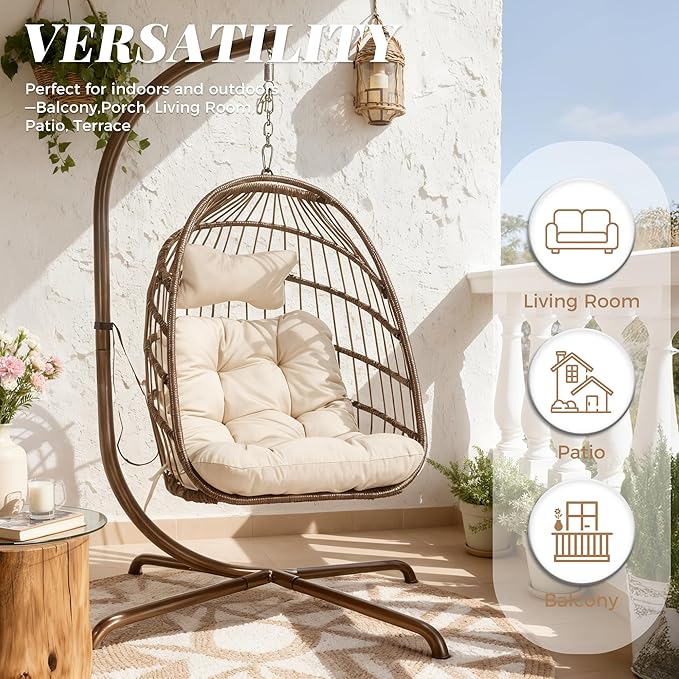 BLUEXYARD Hanging Egg Chair with Stand, 350 Lbs Heavy-Duty Wicker Swing Hammock Swing Basket with Padded Cushion, Modern Dome-Style Eggshell Seat for Indoor Outdoor Patio Garden Bedroom, Brown Tan