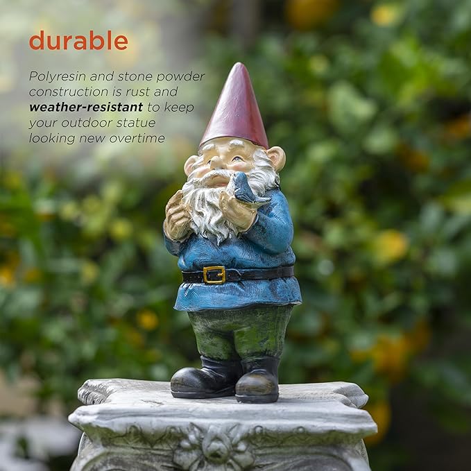 Alpine Corporation | 12"H Outdoor Garden Gnome Yard Statue with Bird Accent — Whimsical Hand-Painted Décor for Lawn, Patio & Flower Beds — Multicolor Finish