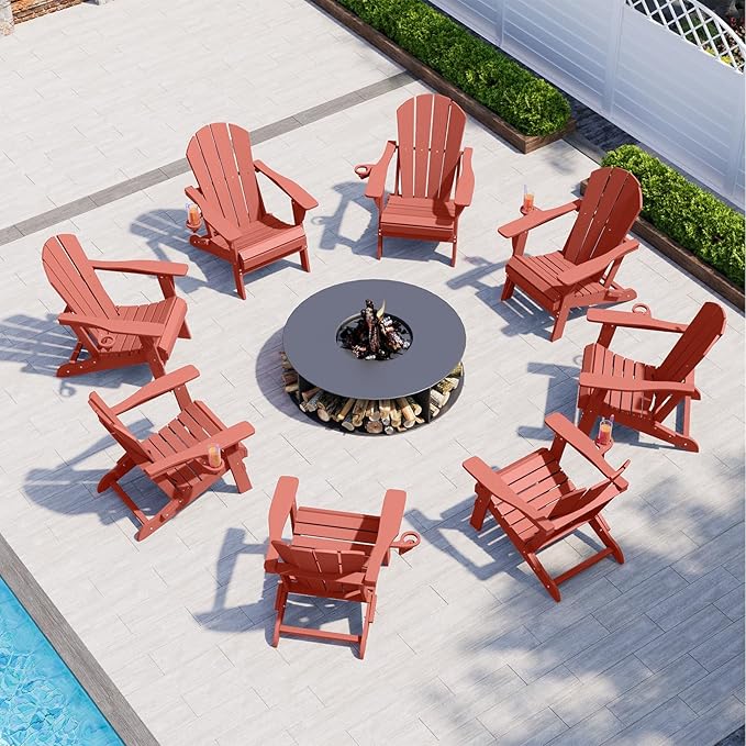 Folding Adirondack Chair Set of 4, HDPE All-Weather Patio Chairs for Outdoor, Patio, Lawn, Garden, Backyard Deck, Fire Pit - Light Red