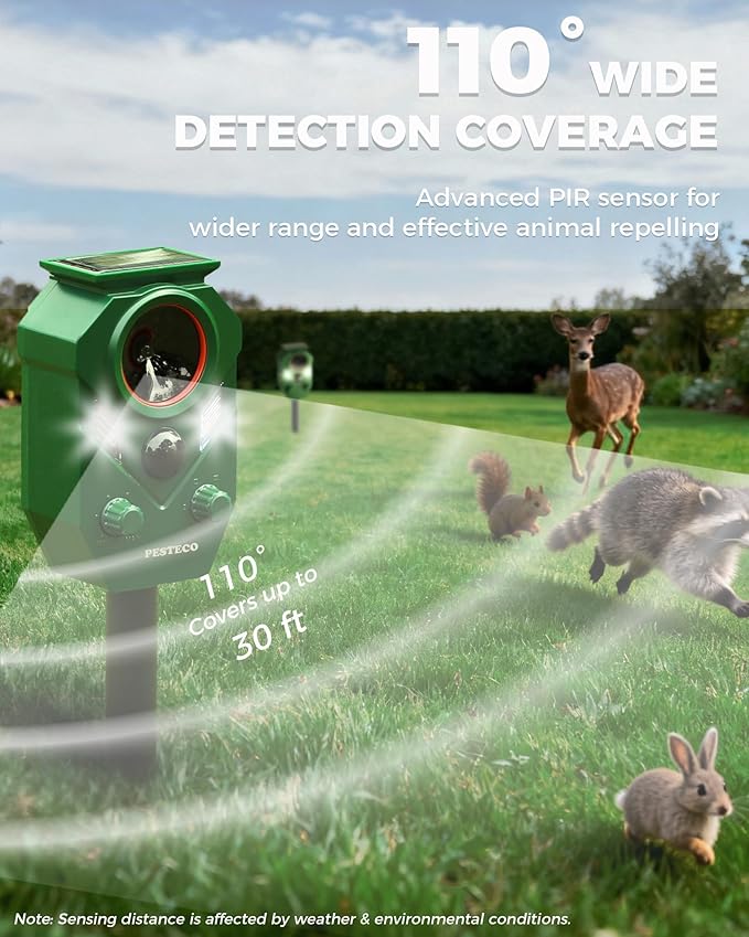 Solar Animal Repellent Outdoor, Ultrasonic Cat Repellent Outdoor, IP65 Waterproof Deer Repellent Deterrent Squirrel Racoon Skunk Rabbit, Dog Repellent for Yard Garden Lawn with RIP Sensor