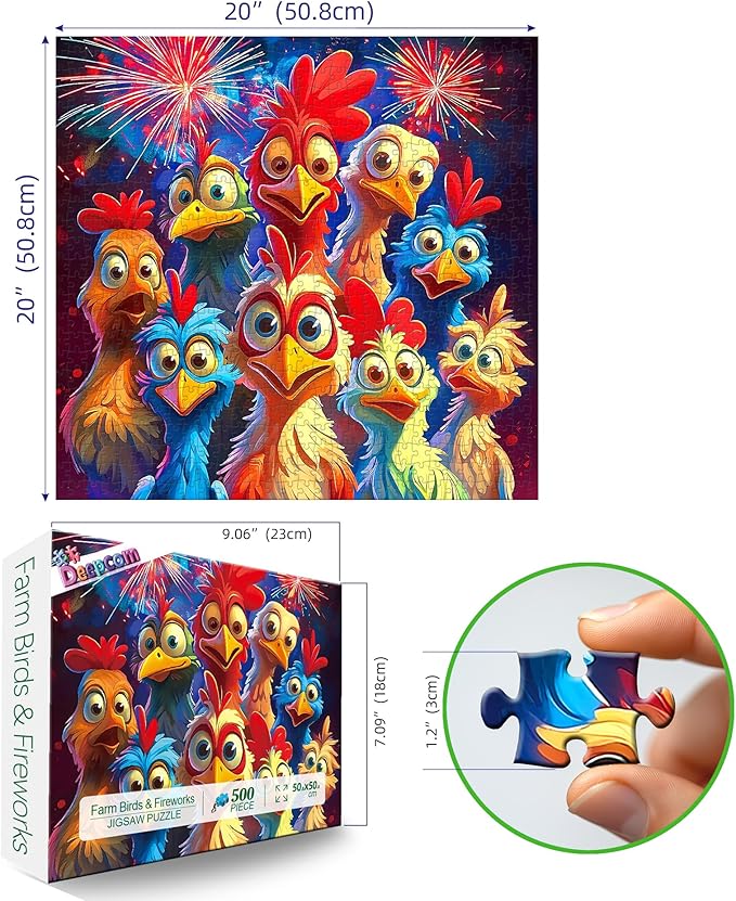 500 Piece Jigsaw Puzzle for Adults and Kids, Colorful Cartoon Chickens with Fireworks Design, Vibrant Family Puzzle Game, Fireworks Night Scene Art for Stress Relief