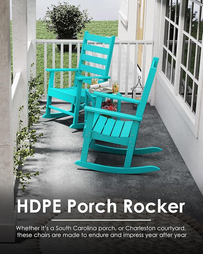 GREENVINES Outdoor-Rocking-Chair | HDPE Plastic | Patio Rockers | Porch Rocker Chairs | Shaker | Oversized | High Ladder Back | Big & Tall | PentaLuxe |Aqua