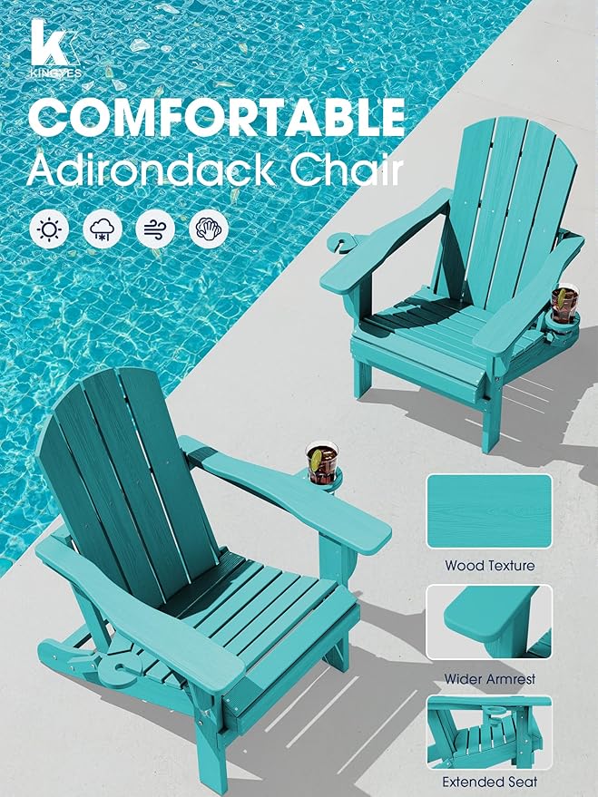 KINGYES Folding Adirondack Chair Set of 8, Dual Cup Holders & All-Weather HDPE, Wood-Like Patio Chair for Backyard, Camping, Pool & Fire Pit, Aruba