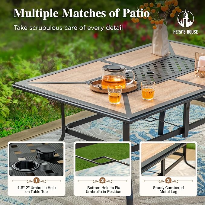 HERA'S HOUSE 7 Pieces Patio Dining Set, Outdoor Dining Set for 6, 6 x All Weather Textilene Padded Patio Dining Chair, 1 x Rectangular Large Surface Wood Like Dining Table, for Lawn Garden Backyard