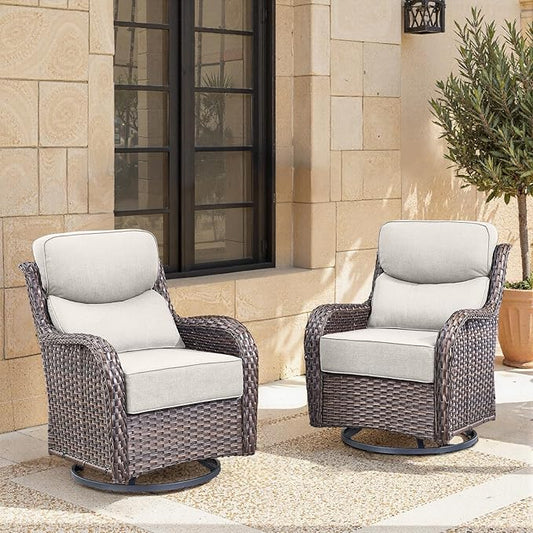 Swivel Patio Chairs Set of 2 with 6" Thick Cushion - Wicker Outdoor Swivel Rocker Patio Chair, High Back Comfortable Outdoor Glider Chairs 360° Rotation Glider Brown Wicker-Beige Cushion