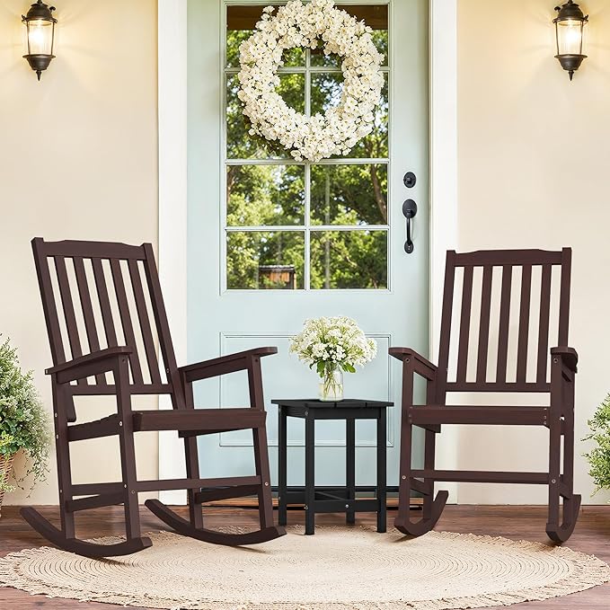 Outdoor Rocking Chairs Set of 2, Rocking Chair Outdoor All Weather Wooden Rockers, Heavy Duty 350lbs, High Back Wide Seat Patio Chairs for Porch, Backyard, Garden, Espresso