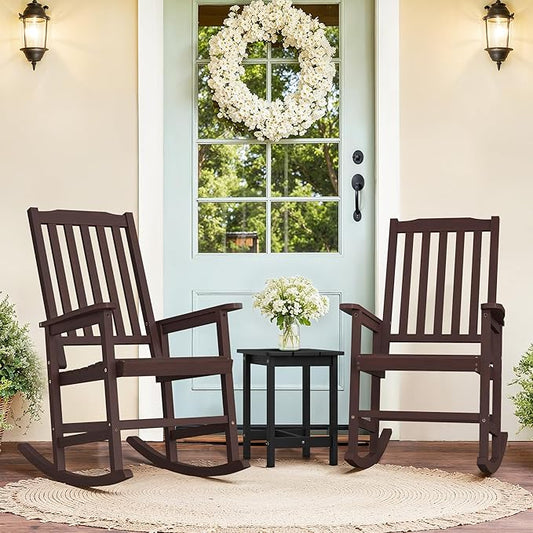 Outdoor Rocking Chairs Set of 2, Rocking Chair Outdoor All Weather Wooden Rockers, Heavy Duty 350lbs, High Back Wide Seat Patio Chairs for Porch, Backyard, Garden, Espresso