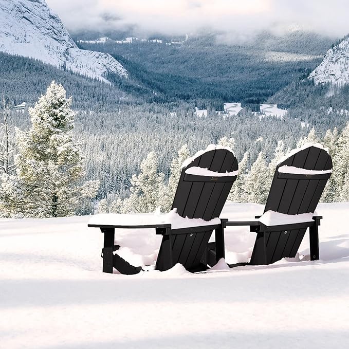 Folding Adirondack Chairs Set of 4, All Weather Resistant Plastic Chairs with Cup Holder, Fold or Unfold Easily in 1 Second, Outdoor Chairs for Patio, Garden, Backyard Deck, Lawn Fire Pit(Black)