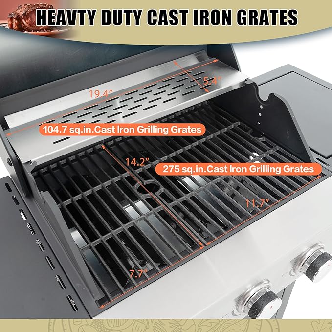 Propane Grill 3 Burner Barbecue Grill Stainless Steel Gas Grill with Side Burner, 37,000 BTU Outdoor Cooking, Patio, Garden Barbecue Grill, Black and Silver