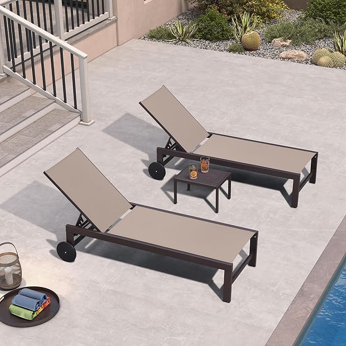 PURPLE LEAF Outdoor Chaise Lounge Chair Set of 3, Pool Lounge Chair for Outside, Aluminum Patio Chaise Lounger with Adjustable Backrest and Wheels for Deck, Outside, Lawn, Garden, Taupe