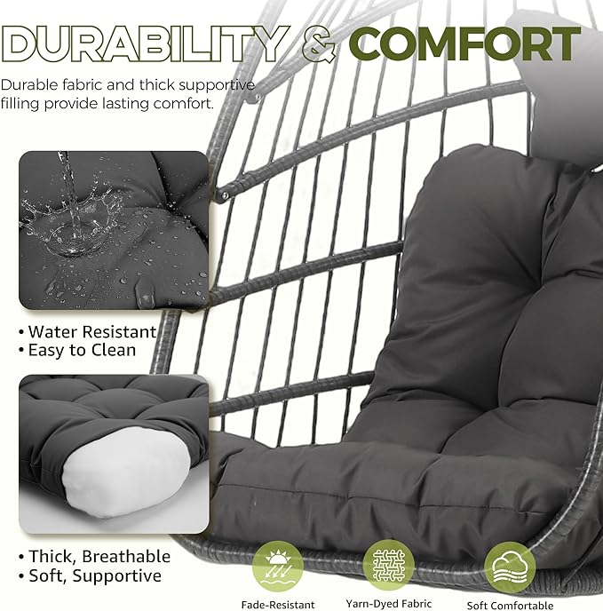 RADIATA Heavy Duty Egg Chair Swing with Stand, 350Lbs Rattan Hanging Chairs with Base and Cozy Cushion, Single Eggshell Hammock Seat for Outside Patio Porch Backyard Balcony Apartment, Dark Grey