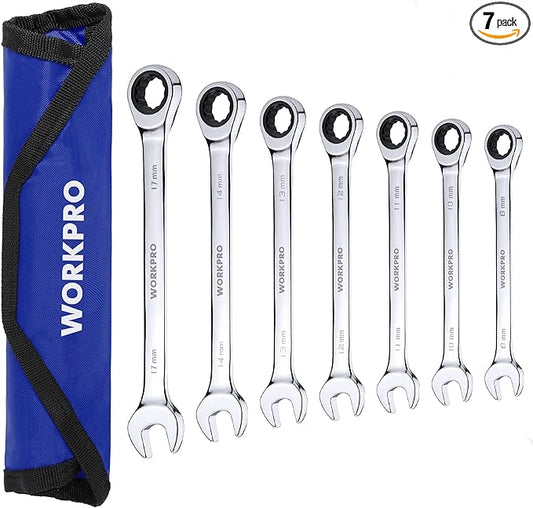 WORKPRO 7-Piece Ratcheting Combination Wrench Set, 72 Teeth, Cr-V Constructed, Combo Ratchet Wrenches Set with Roll Up Pouch, Metric 8mm-17mm