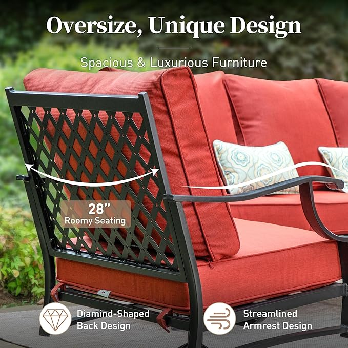 Metal Outdoor Rocker Patio Chairs Set of 2 with 5.75" Extra Thick Cushion, 2 Piece High Back Rocker Patio Chairs All Weather Outdoor Furniture Seating for Deck Balcony Porch, Rust Red