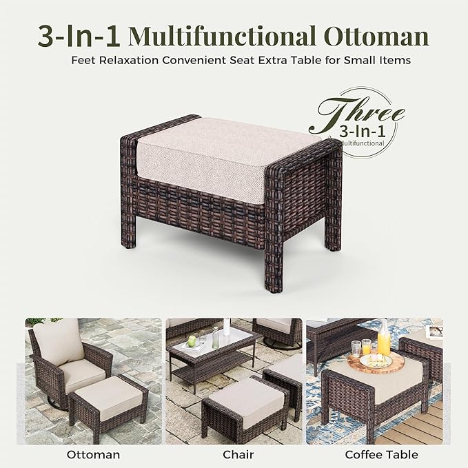 8-Piece Wicker Patio Furniture Set with Swivel Chairs, High Back Outdoor Furniture with Fire 57'' Pit Table and Ottoman, All-Weather Wicker Patio Conversation Set for Deck Yard Pool, Beige