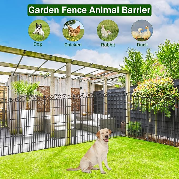 Decorative Garden Fence 6 Panel with Gate - 42in H x 12.78ft L, No Dig Rustproof Metal Tall Animal Barrier for Dogs Rabbits, Outdoor Border for Yard, Patio, and Flower Beds
