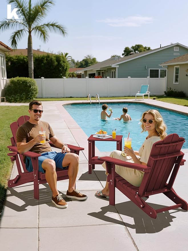 KINGYES Adjustable Folding Adirondack Chair Set of 4, 3-Position Reclining Adirondack Chairs with Cup Holder, HDPE All-Weather Oversized Adirondack for Outdoor, Patio, Backyard Deck, Fire Pit, Red