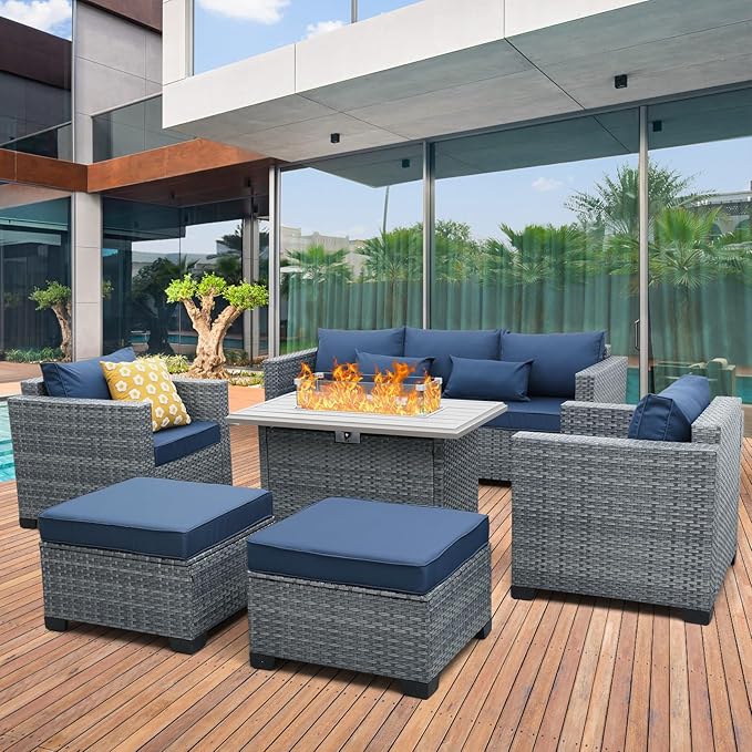 6 Pieces Wicker Patio Furniture Sets Outdoor Conversation Set PE Rattan Sectional Sofa Couch with 45" Fire Pit Table and Royal Blue Cushions