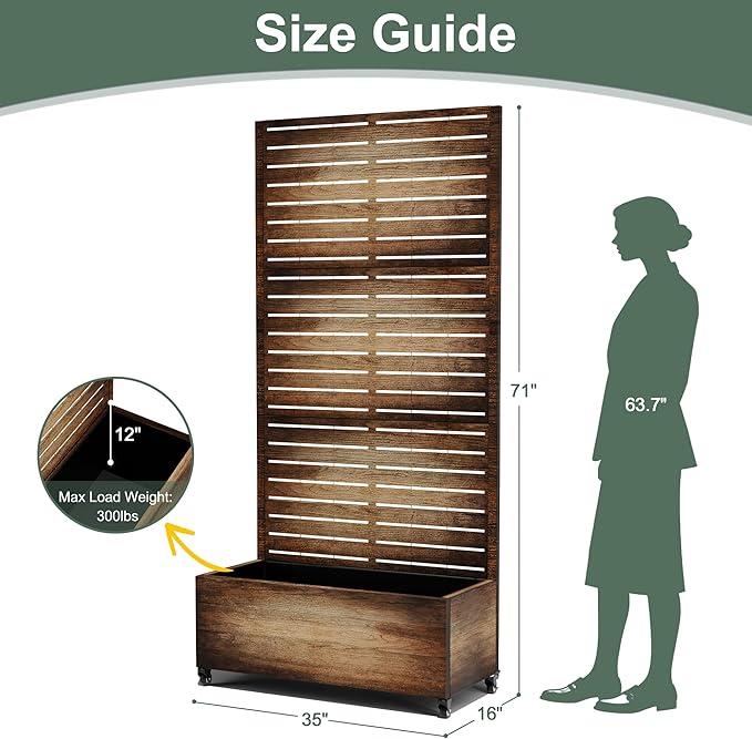 Metal Planter Box with Privacy Screen, Trellis with Planter Box for Climbing Plants, Standing Flower Bed with Wheels & Drainage Holes (35" L, Retro Brown Wood Grain)