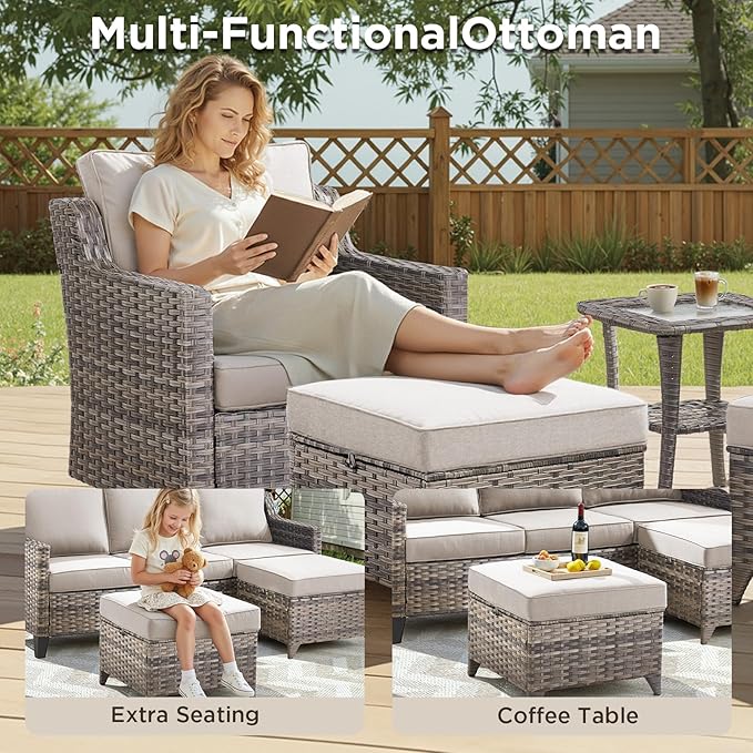 Buenhomino Outdoor Patio Furniture Set-PE Wicker Sofa Couch with Ottomans Comfy Cushions, All Weather High Back Patio Conversation Set for Porch Deck Balcony Garden Grey/Beige