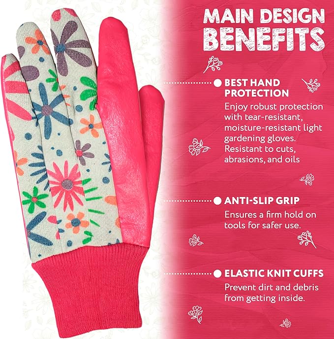 Floral Gardening Gloves for Women, 9 Inch. 6 Pairs Cotton Work Gloves with Knit Wrist. Gardening Gifts for Women