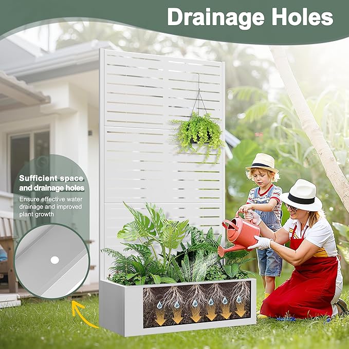 Metal Planter Box with Trellis for Climbing Plants Outdoor, Raised Garden Bed with Trellis, Privacy Planters for Patio (35" L×16" W×71" H, White Blinds)